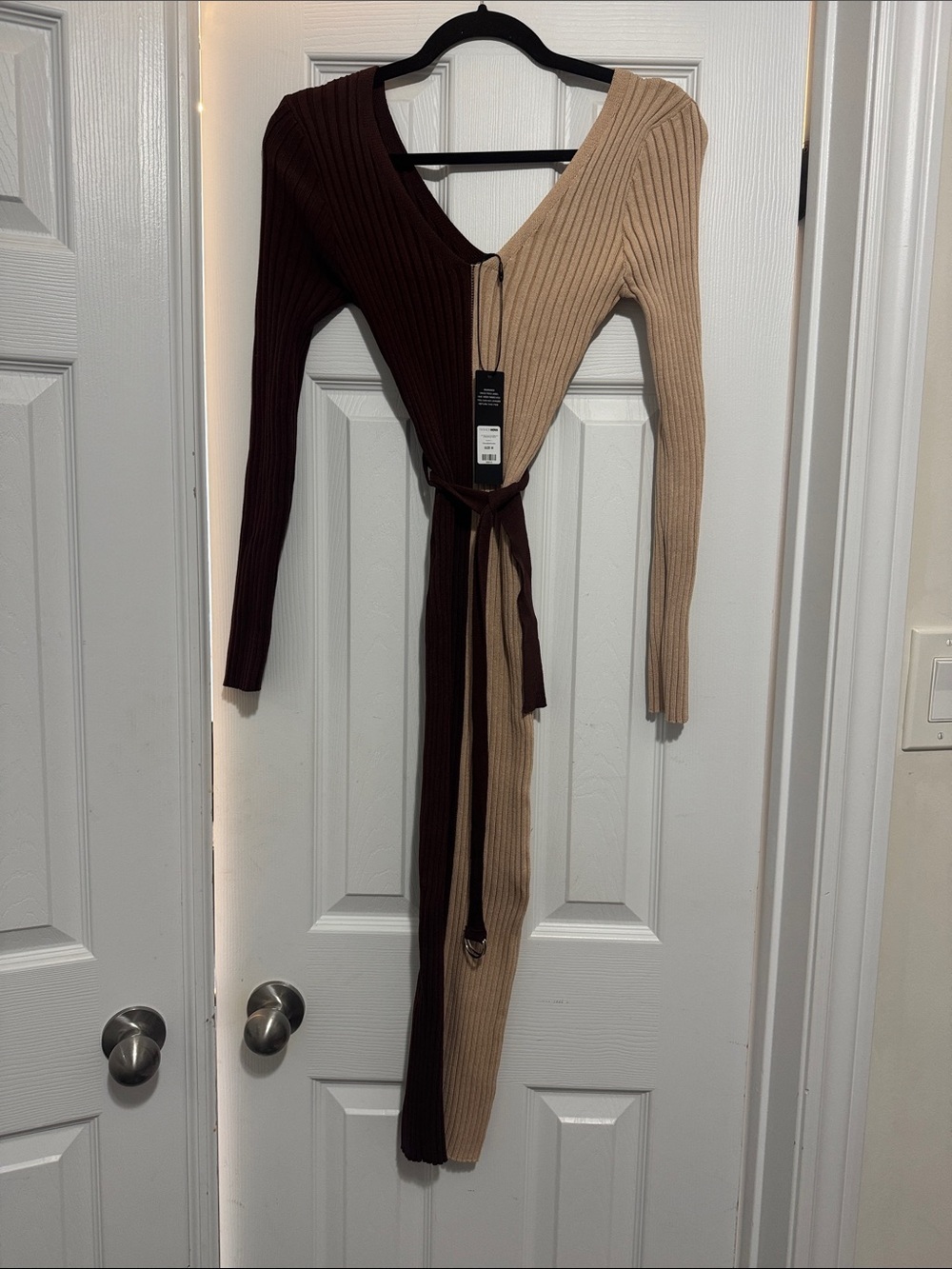 Autumn Vibes -  Two-Tone Asymmetrical Ribbed Wrap Dress in Brown and Tan - Picture 3 of 8
